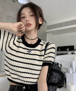 ニット ストライプ半袖Tニット BLACK
