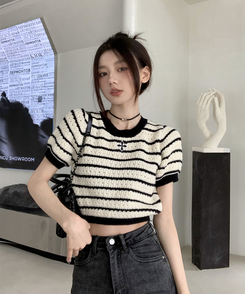 ニット ストライプ半袖Tニット BLACK