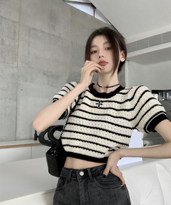 ニット ストライプ半袖Tニット BLACK