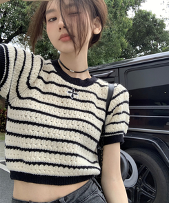 ニット ストライプ半袖Tニット BLACK