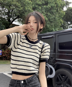 ニット ストライプ半袖Tニット BLACK