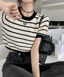 ニット ストライプ半袖Tニット BLACK