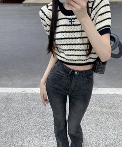 ニット ストライプ半袖Tニット BLACK