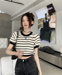 ニット ストライプ半袖Tニット BLACK