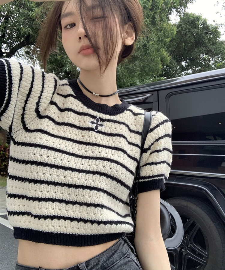 ストライプ半袖Tニット BLACK
