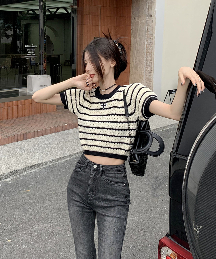 ストライプ半袖Tニット BLACK