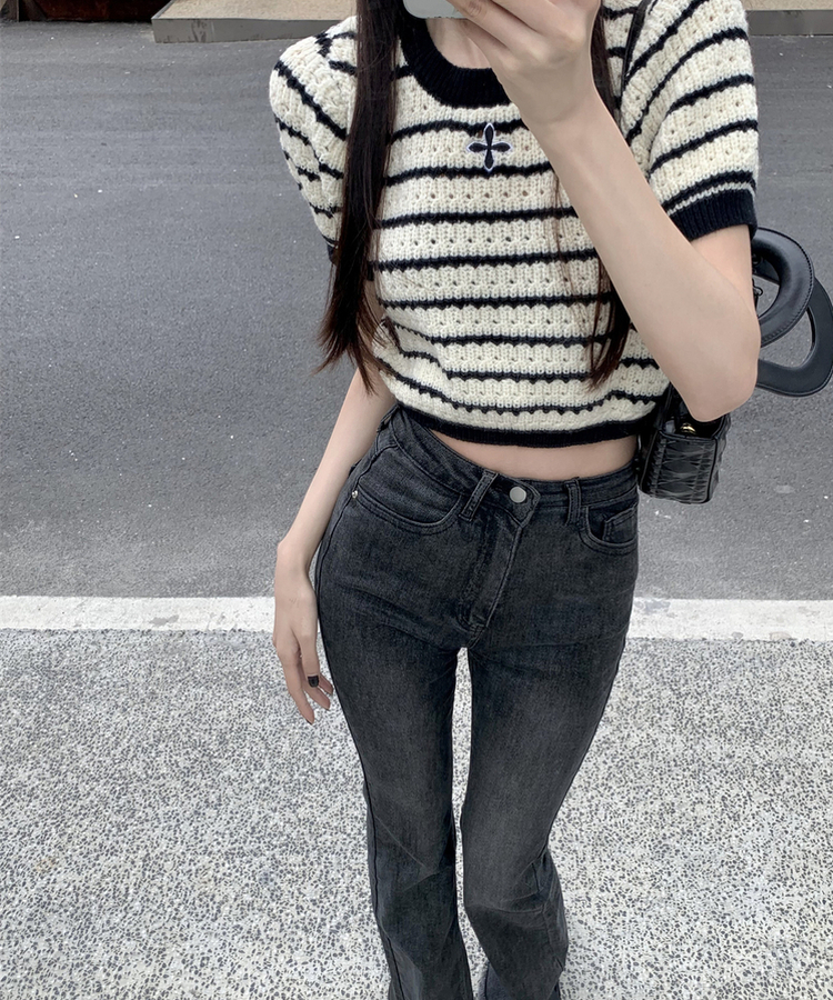 ストライプ半袖Tニット BLACK
