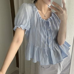 ブラウス リボンパンチングドット半袖ブラウス SKY BLUE