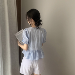 ブラウス リボンパンチングドット半袖ブラウス SKY BLUE