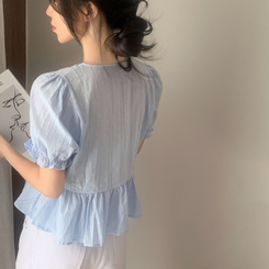 ブラウス リボンパンチングドット半袖ブラウス SKY BLUE