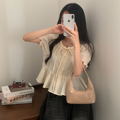 ブラウス リボンパンチングドット半袖ブラウス BEIGE