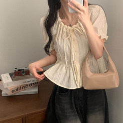 ブラウス リボンパンチングドット半袖ブラウス BEIGE