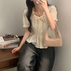 ブラウス リボンパンチングドット半袖ブラウス BEIGE