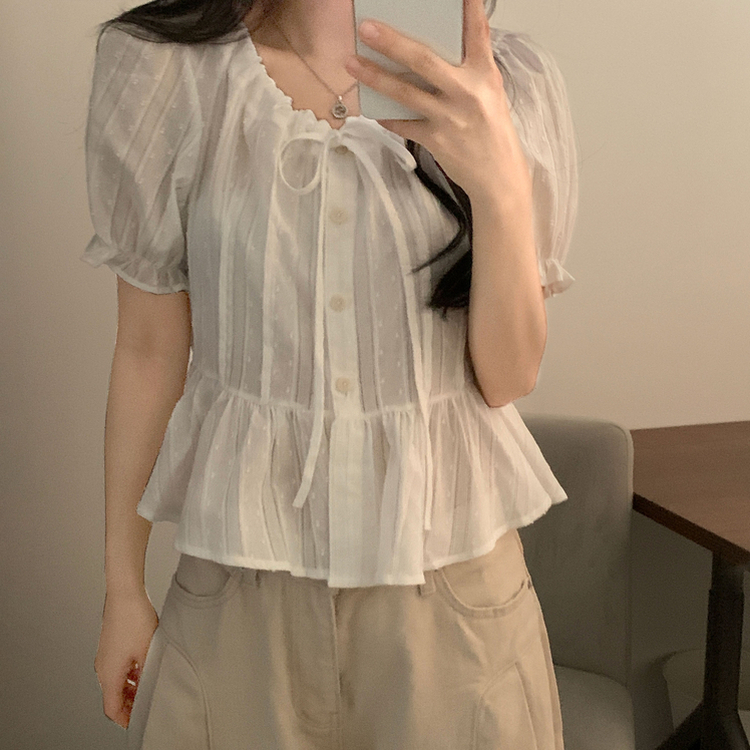 リボンパンチングドット半袖ブラウス IVORY