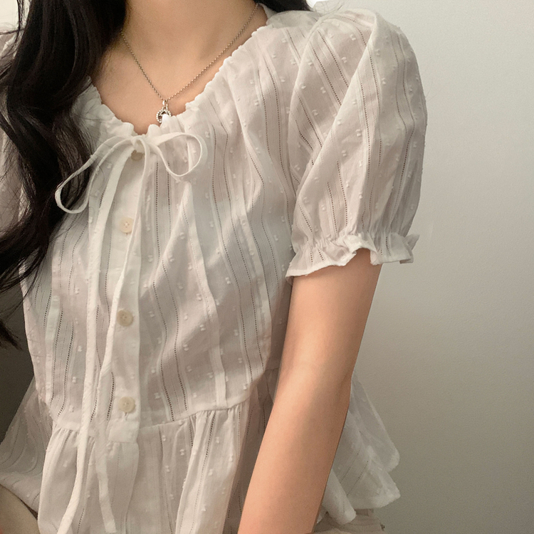 リボンパンチングドット半袖ブラウス IVORY