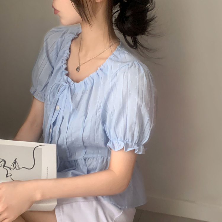 リボンパンチングドット半袖ブラウス SKY BLUE