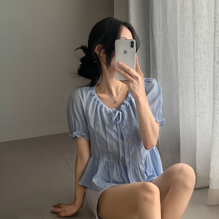 リボンパンチングドット半袖ブラウス SKY BLUE