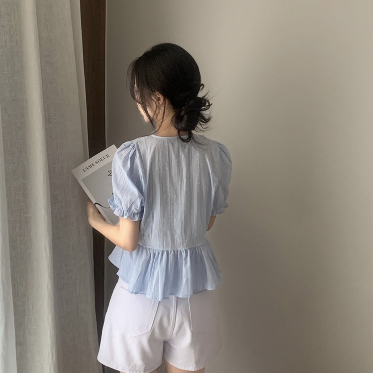 リボンパンチングドット半袖ブラウス SKY BLUE