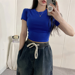 半袖Tシャツ スパン無地クロップ半袖Tシャツ(10color) BLUE
