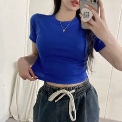 半袖Tシャツ スパン無地クロップ半袖Tシャツ(10color) BLUE
