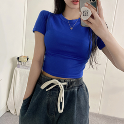 半袖Tシャツ スパン無地クロップ半袖Tシャツ(10color) BLUE