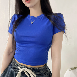 半袖Tシャツ スパン無地クロップ半袖Tシャツ(10color) BLUE