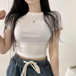 半袖Tシャツ スパン無地クロップ半袖Tシャツ(10color) IVORY