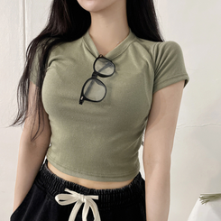 半袖Tシャツ スパン無地クロップ半袖Tシャツ(10color) KHAKI