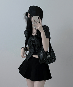 【SET】アイレット半袖Tシャツ ホルターキャミソール BLACK