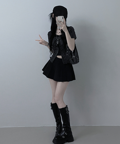 【SET】アイレット半袖Tシャツ ホルターキャミソール BLACK