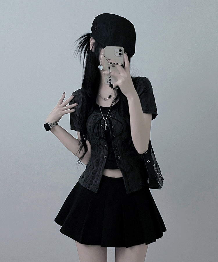 구제아일렛반팔티홀터크롭나시세트 블랙