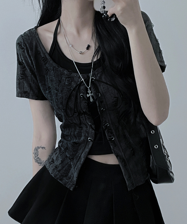 구제아일렛반팔티홀터크롭나시세트 블랙