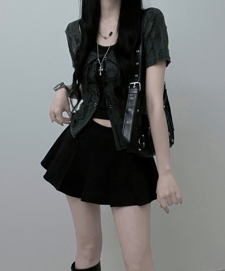 구제아일렛반팔티홀터크롭나시세트 블랙