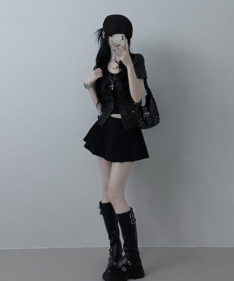 구제아일렛반팔티홀터크롭나시세트 블랙