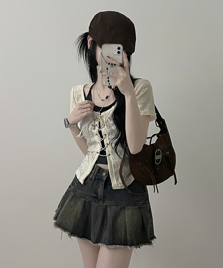 구제아일렛반팔티홀터크롭나시세트 아이보리