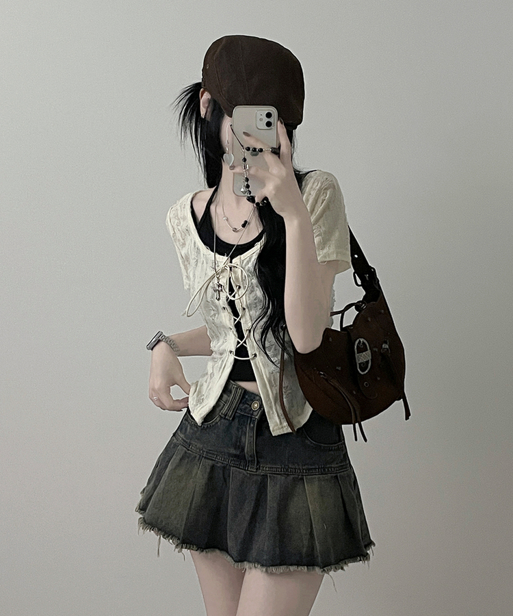 구제아일렛반팔티홀터크롭나시세트 아이보리