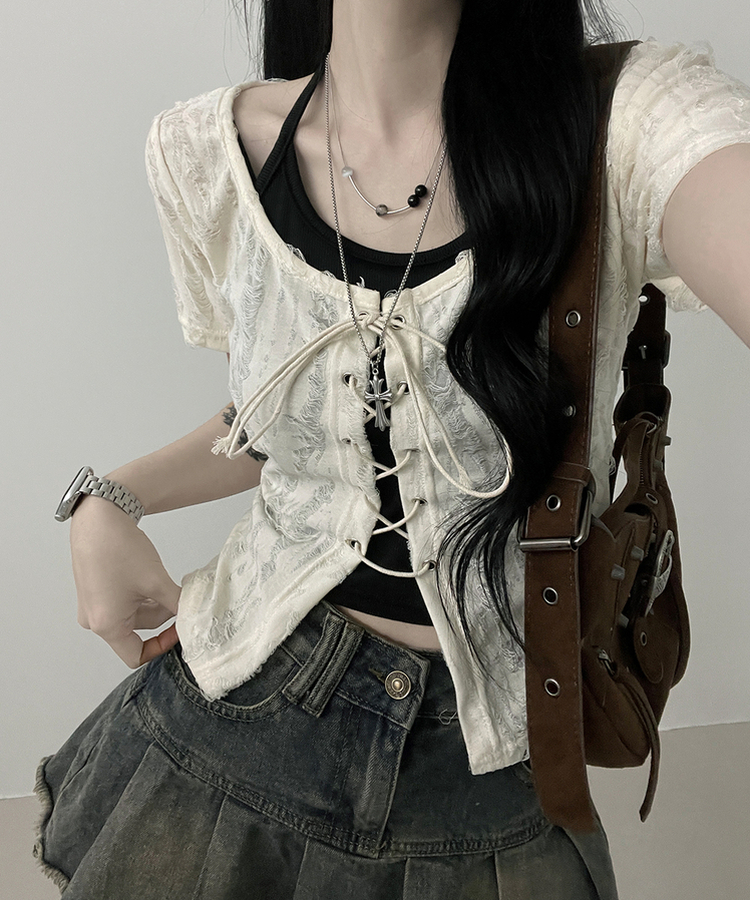 구제아일렛반팔티홀터크롭나시세트 아이보리