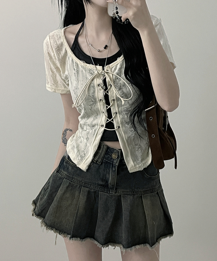 구제아일렛반팔티홀터크롭나시세트 아이보리