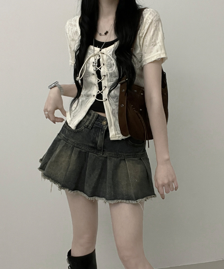 구제아일렛반팔티홀터크롭나시세트 아이보리