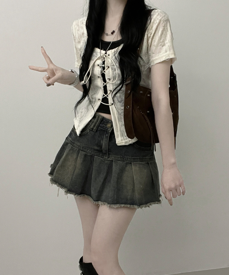 구제아일렛반팔티홀터크롭나시세트 아이보리