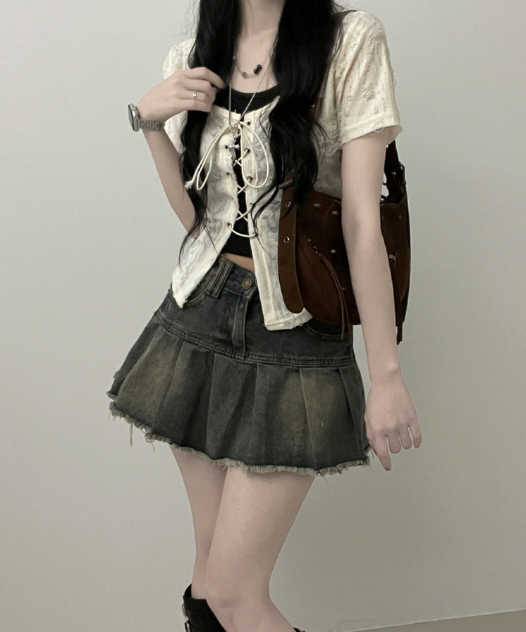 구제아일렛반팔티홀터크롭나시세트 아이보리