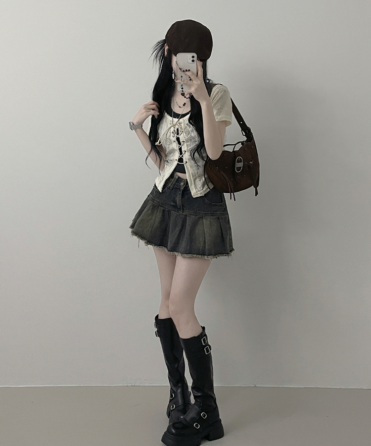 구제아일렛반팔티홀터크롭나시세트 아이보리