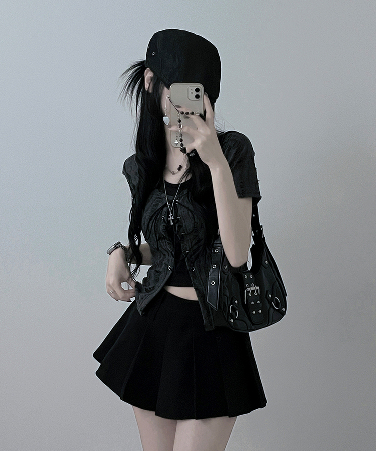 【SET】アイレット半袖Tシャツ ホルターキャミソール BLACK