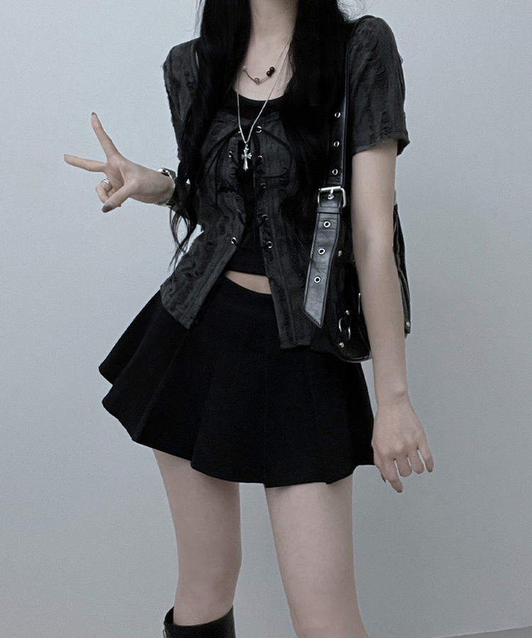 【SET】アイレット半袖Tシャツ ホルターキャミソール BLACK
