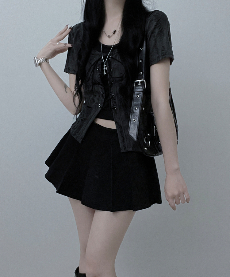 【SET】アイレット半袖Tシャツ ホルターキャミソール BLACK