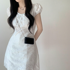ミニワンピース リボン刺繍フレアミニワンピース WHITE