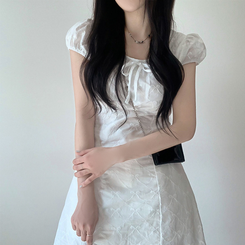 ミニワンピース リボン刺繍フレアミニワンピース WHITE