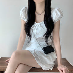 ミニワンピース リボン刺繍フレアミニワンピース WHITE