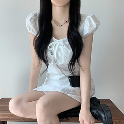 ミニワンピース リボン刺繍フレアミニワンピース WHITE