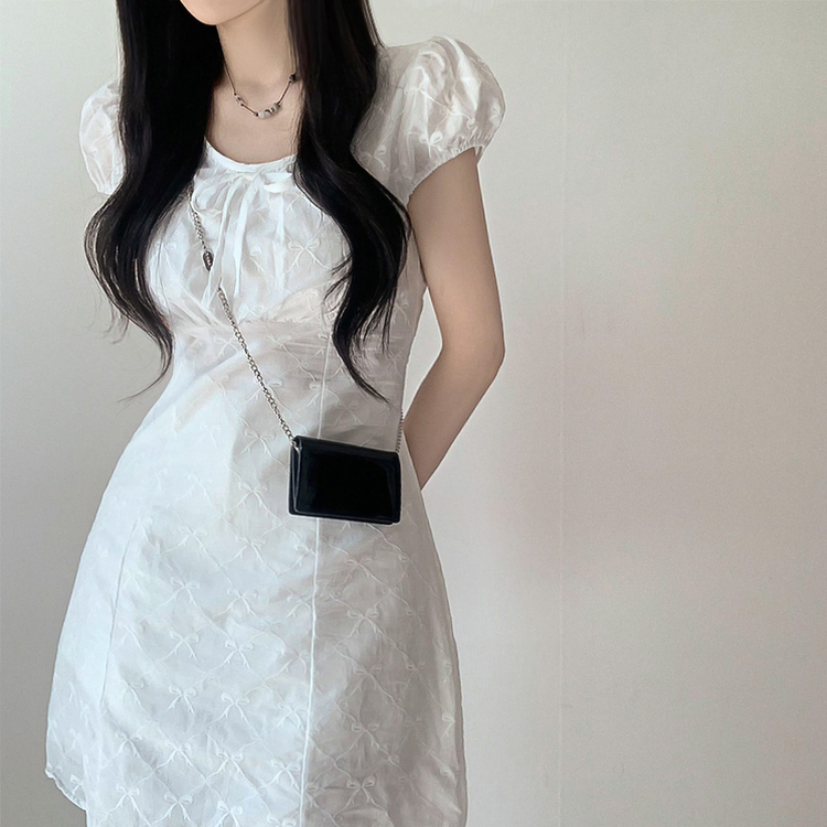 リボン刺繍フレアミニワンピース WHITE
